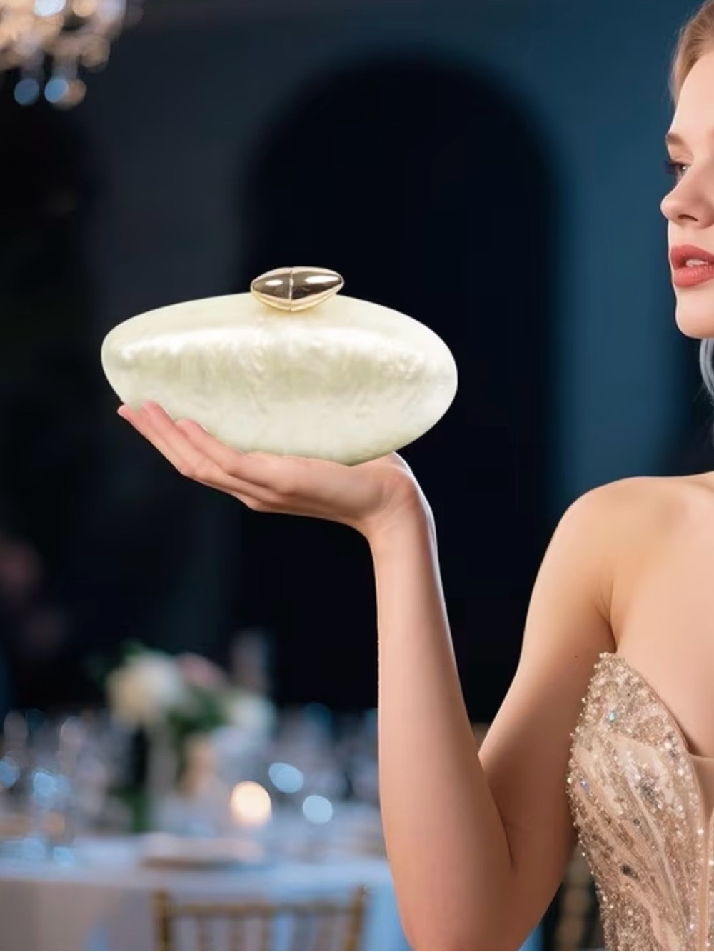 Pearlescent Ivory Clutch with Gold Hardware
